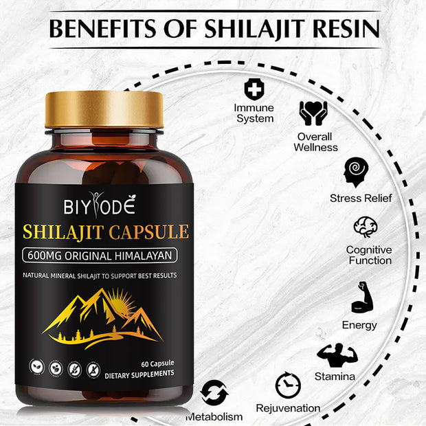 600mg Shilajit Himalayan Capsules with Organic Shilajit Powder Natural Fulvic Acid - Biyode