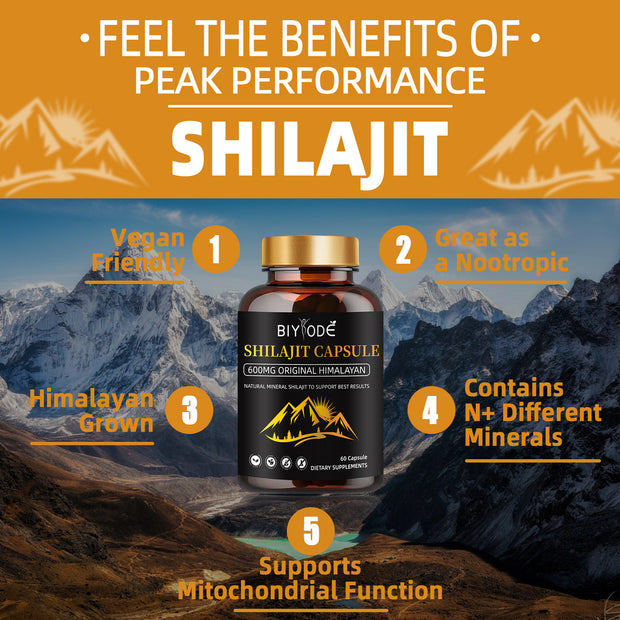 600mg Shilajit Himalayan Capsules with Organic Shilajit Powder Natural Fulvic Acid - Biyode