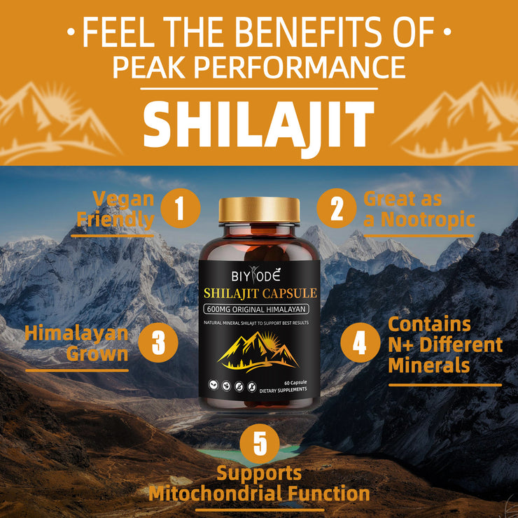 600mg Shilajit Himalayan Capsules with Organic Shilajit Powder Natural Fulvic Acid - Biyode